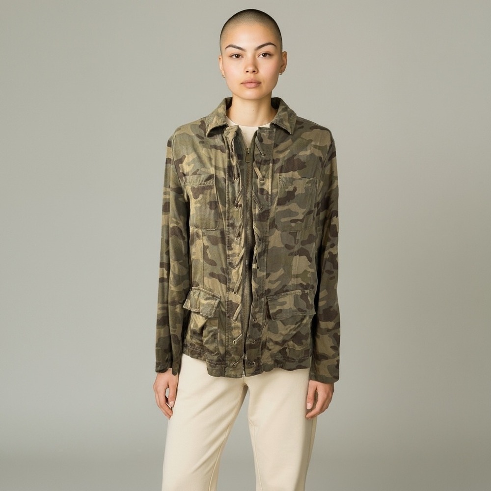 NEW YORK & CO Women's Camo Jacket Lace Up Front Utility Pockets Rayon Zip Medium